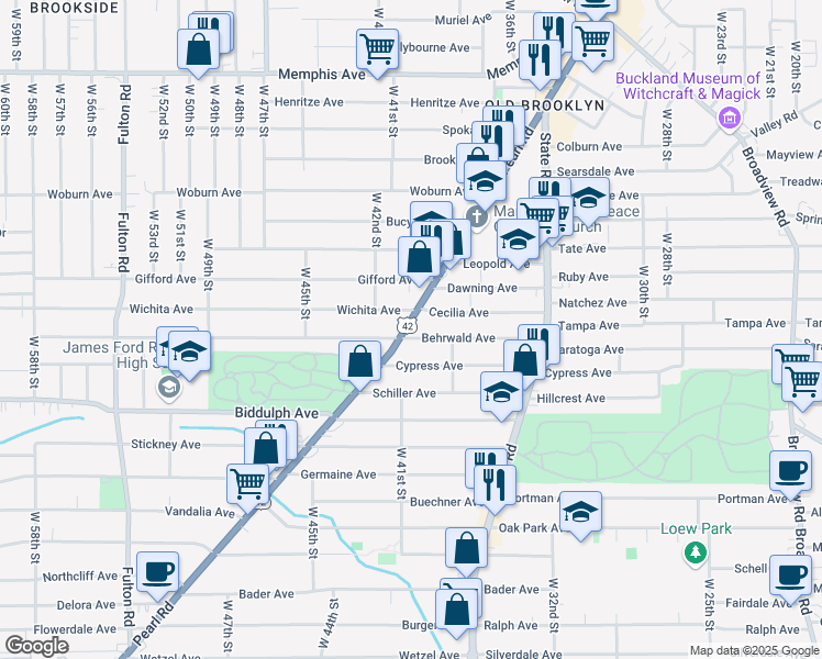 map of restaurants, bars, coffee shops, grocery stores, and more near 4012 Wichita Avenue in Cleveland