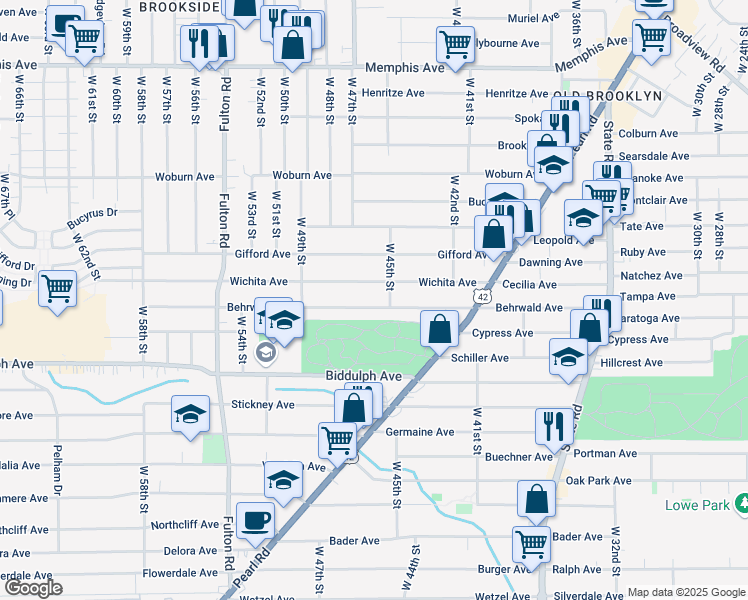 map of restaurants, bars, coffee shops, grocery stores, and more near 4511 Wichita Avenue in Cleveland
