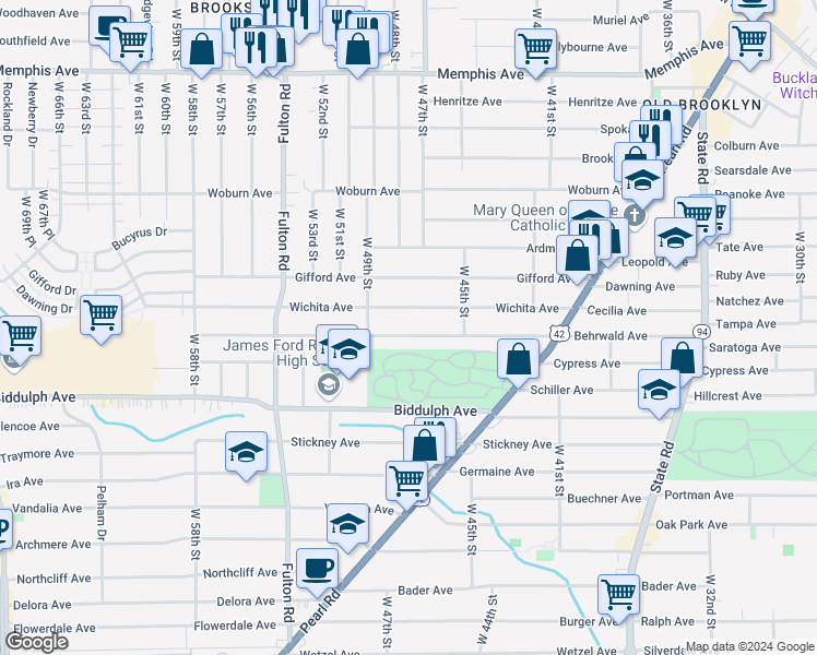 map of restaurants, bars, coffee shops, grocery stores, and more near 4709 Wichita Avenue in Cleveland