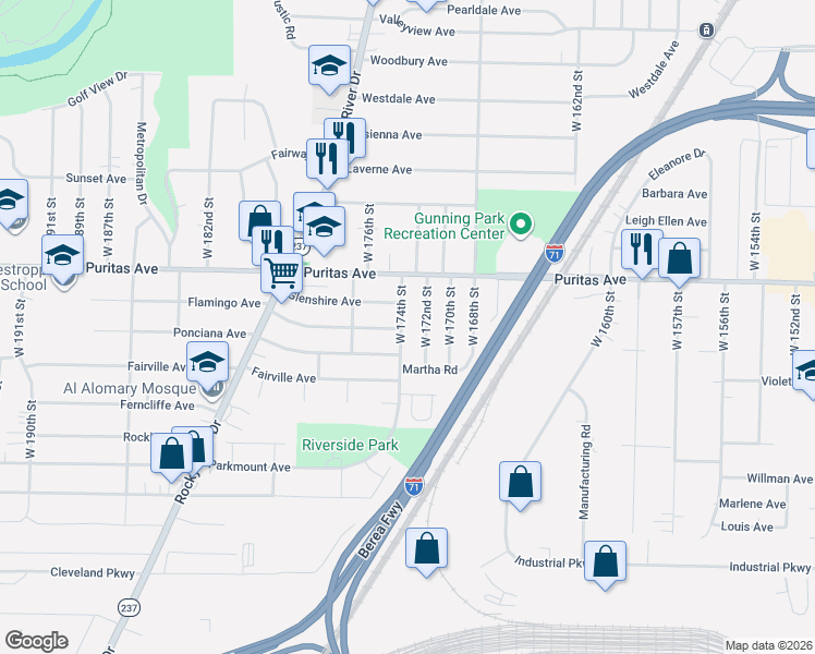 map of restaurants, bars, coffee shops, grocery stores, and more near 4476 West 172nd Street in Cleveland