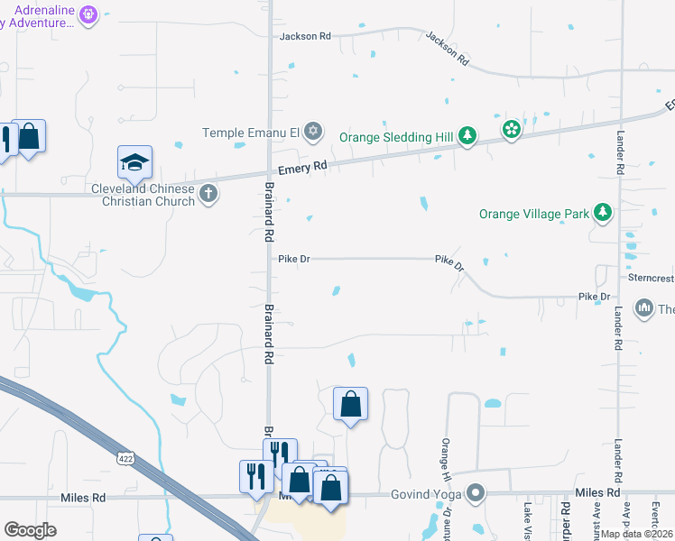 map of restaurants, bars, coffee shops, grocery stores, and more near 28550 Pike Drive in Chagrin Falls