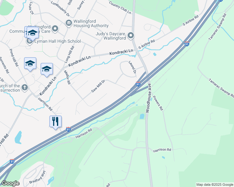 map of restaurants, bars, coffee shops, grocery stores, and more near 45 Saw Mill Drive in Wallingford