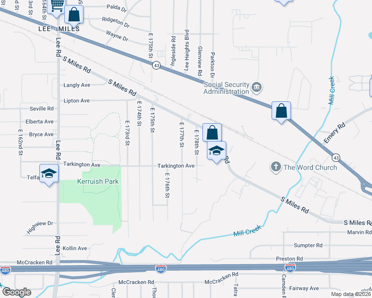 map of restaurants, bars, coffee shops, grocery stores, and more near 4650 East 178th Street in Cleveland