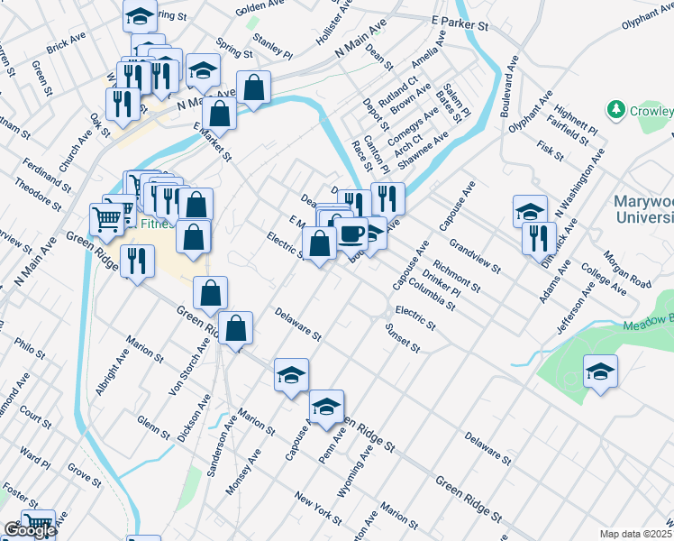 map of restaurants, bars, coffee shops, grocery stores, and more near 1810 Sanderson Avenue in Scranton
