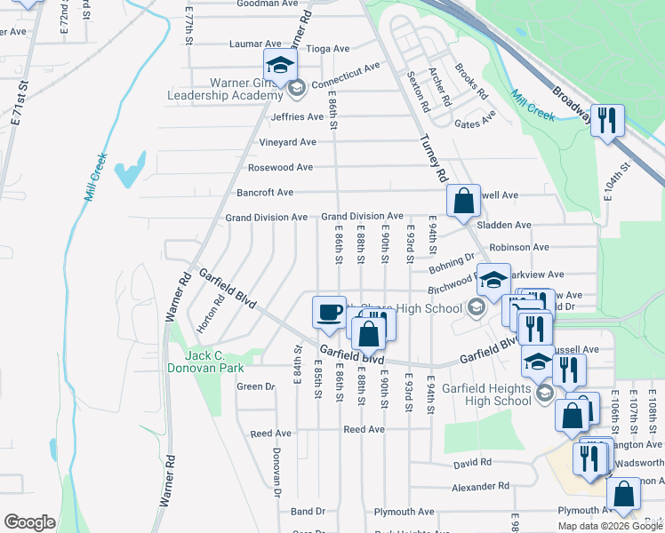 map of restaurants, bars, coffee shops, grocery stores, and more near 4649 East 85th Street in Garfield Heights