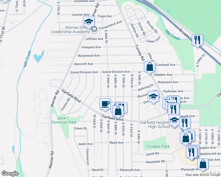 map of restaurants, bars, coffee shops, grocery stores, and more near 4646 East 88th Street in Garfield Heights
