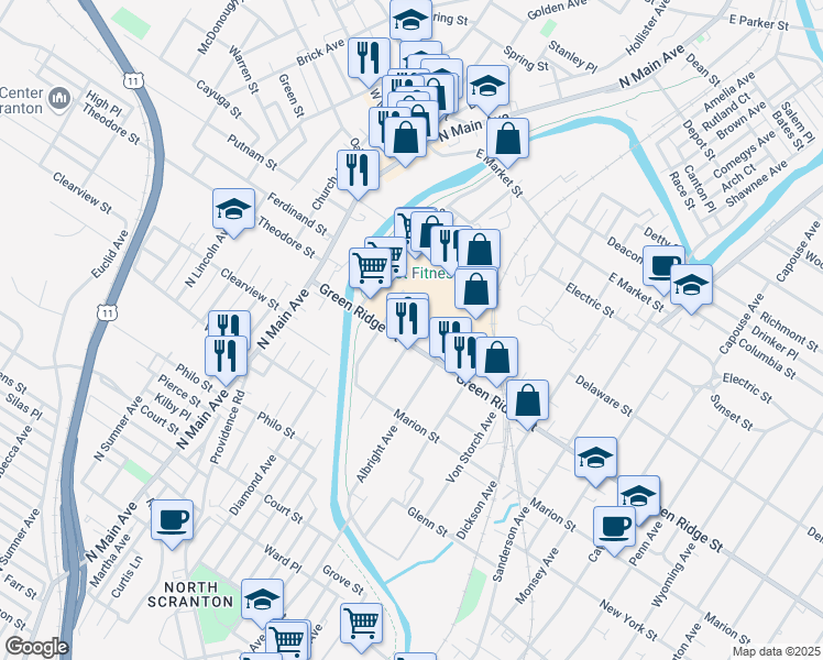 map of restaurants, bars, coffee shops, grocery stores, and more near 1698 Gardner Avenue in Scranton