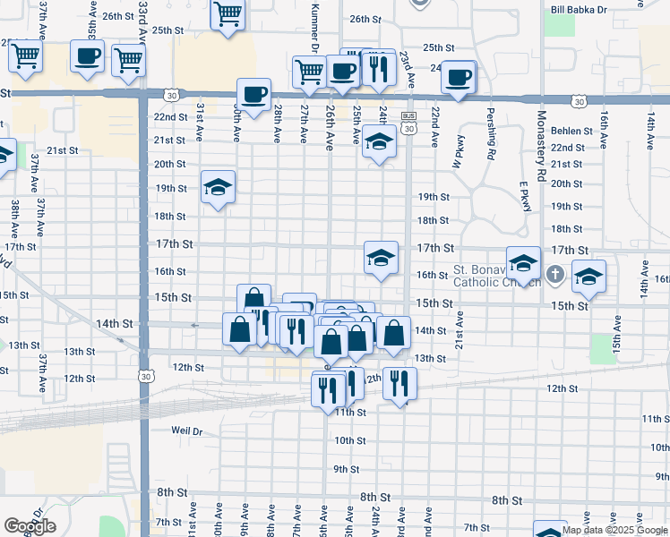 map of restaurants, bars, coffee shops, grocery stores, and more near 2522 16th Street in Columbus