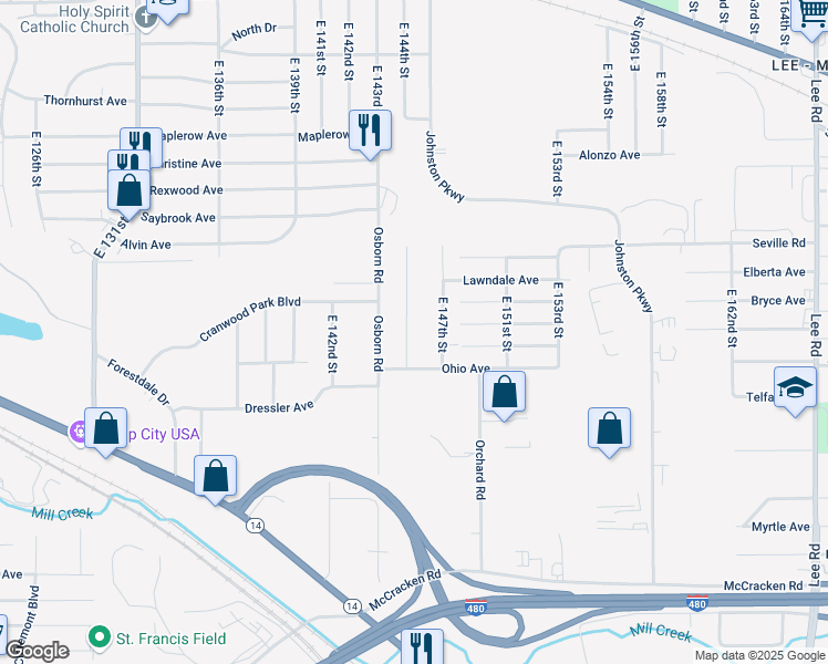 map of restaurants, bars, coffee shops, grocery stores, and more near 4671 East 144th Street in Cleveland