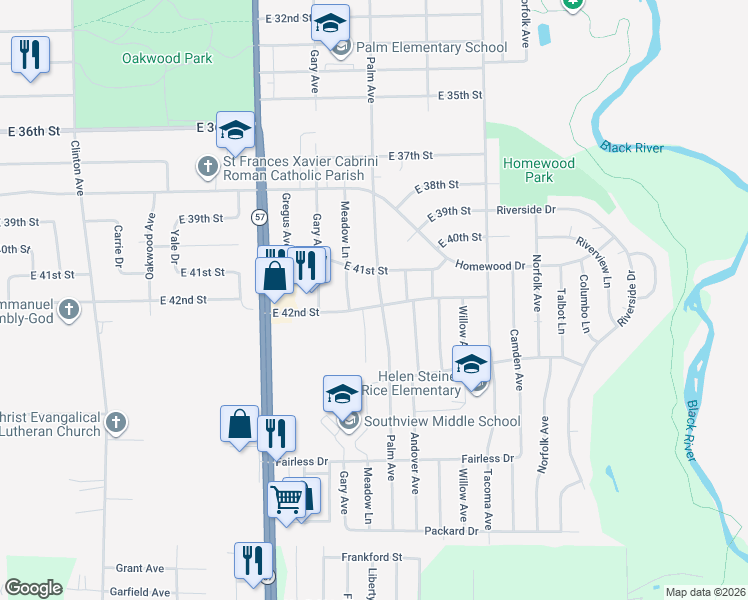 map of restaurants, bars, coffee shops, grocery stores, and more near 2416 East 41st Street in Lorain