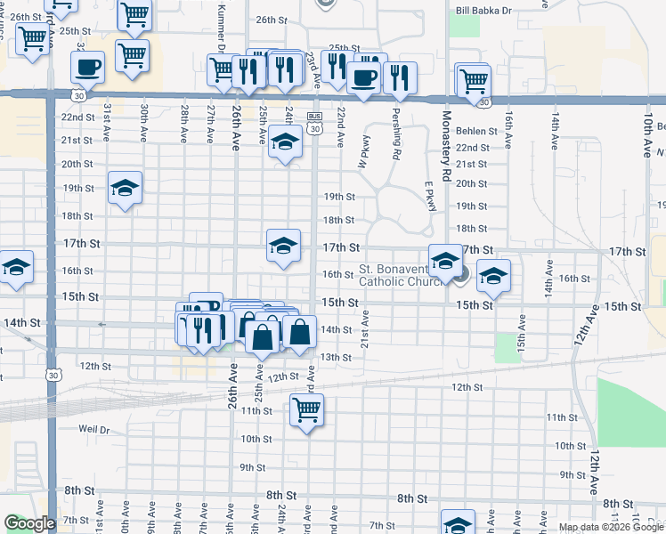 map of restaurants, bars, coffee shops, grocery stores, and more near 2201-2299 17th Street in Columbus