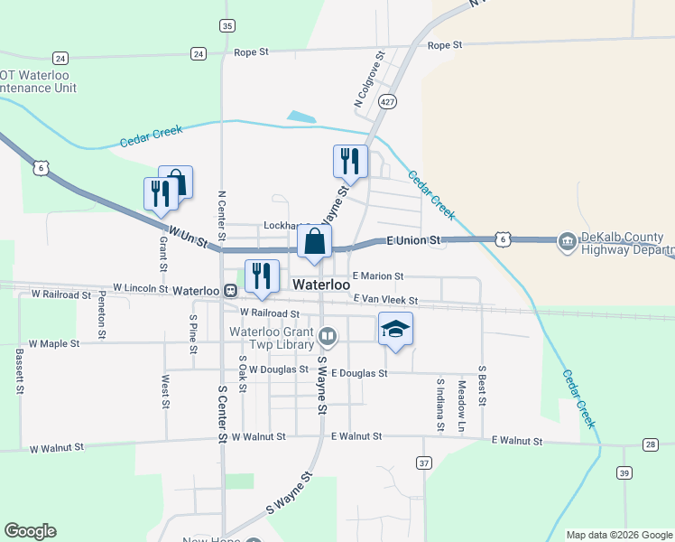 map of restaurants, bars, coffee shops, grocery stores, and more near 380 North Washington Street in Waterloo