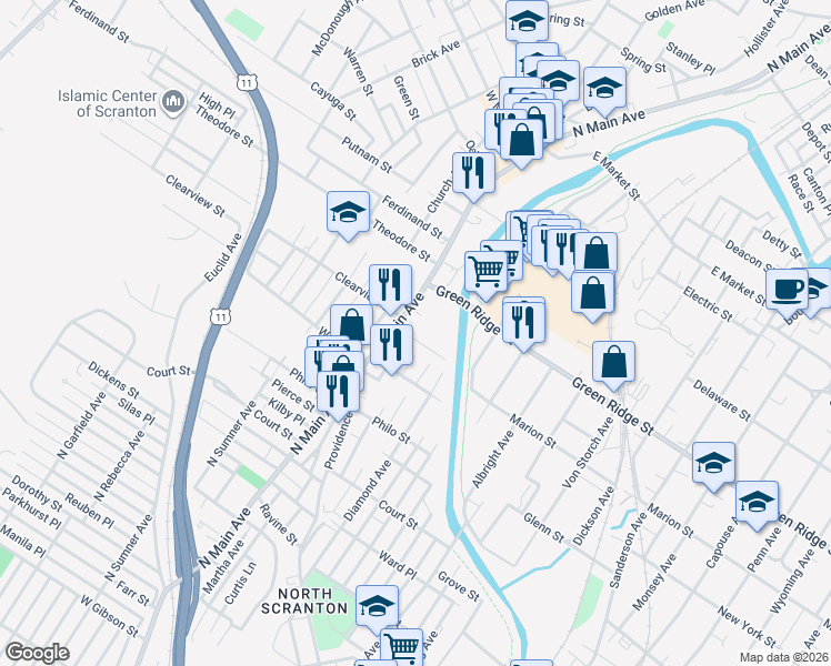 map of restaurants, bars, coffee shops, grocery stores, and more near 10 Green Ridge Street in Scranton