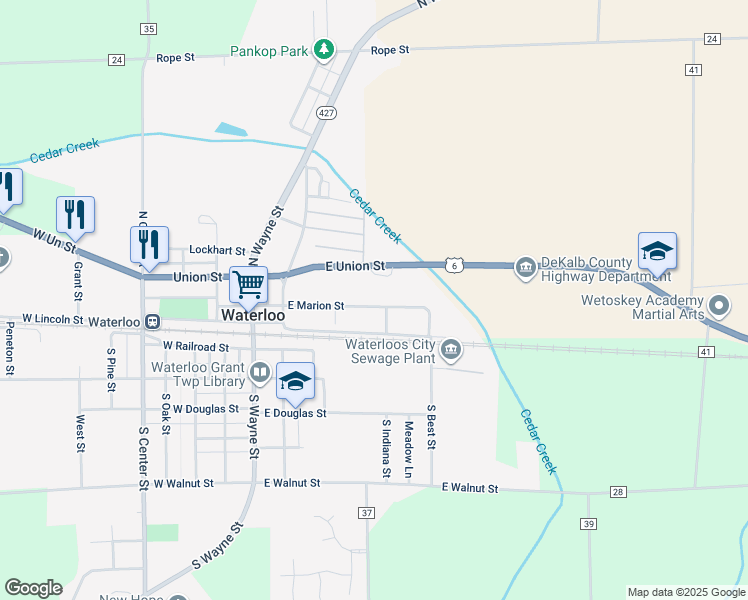 map of restaurants, bars, coffee shops, grocery stores, and more near 695 East Union Street in Waterloo