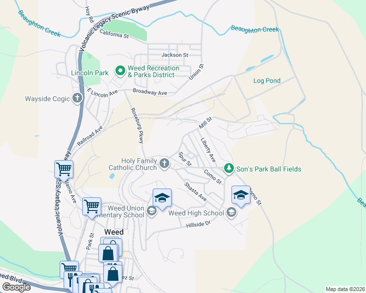 map of restaurants, bars, coffee shops, grocery stores, and more near 628 Stringtown Avenue in Weed
