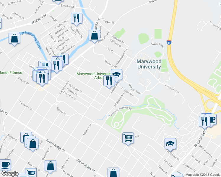 map of restaurants, bars, coffee shops, grocery stores, and more near 1221 Woodlawn Street in Scranton