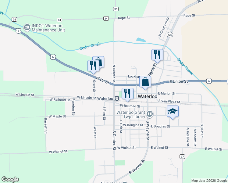 map of restaurants, bars, coffee shops, grocery stores, and more near 290 North Center Street in Waterloo