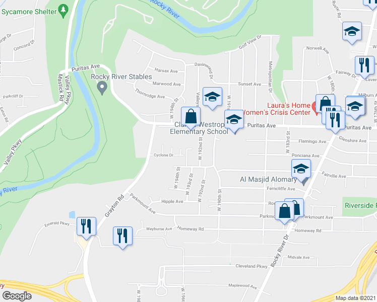 map of restaurants, bars, coffee shops, grocery stores, and more near 4507 West 193rd Street in Cleveland