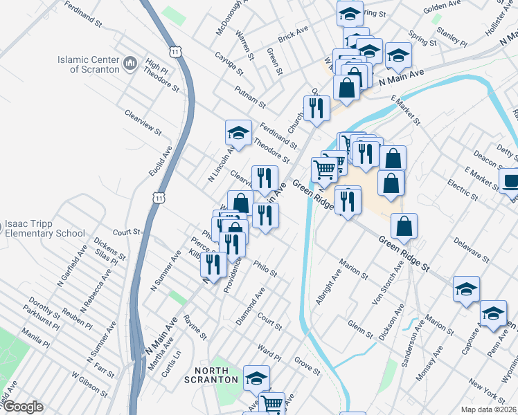 map of restaurants, bars, coffee shops, grocery stores, and more near 1503 North Main Avenue in Scranton