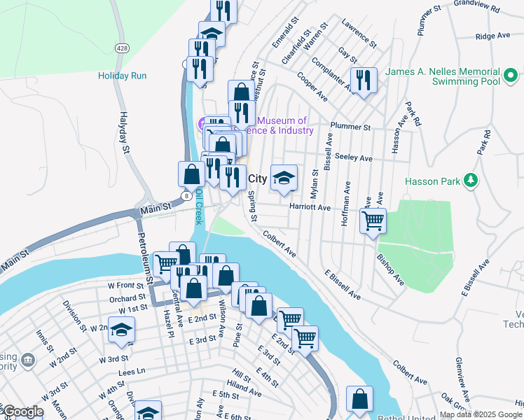 map of restaurants, bars, coffee shops, grocery stores, and more near 4 Harriott Avenue in Oil City