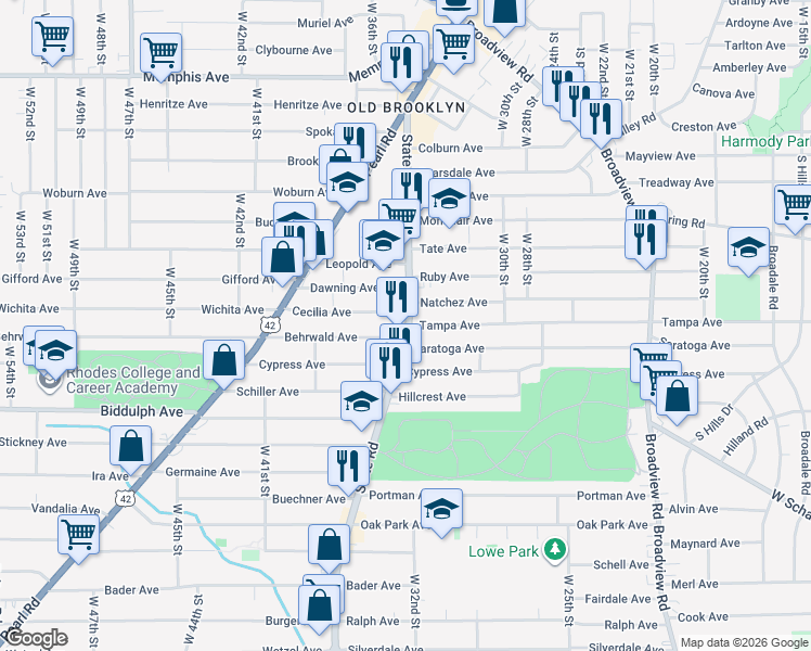 map of restaurants, bars, coffee shops, grocery stores, and more near 3405 Natchez Avenue in Cleveland