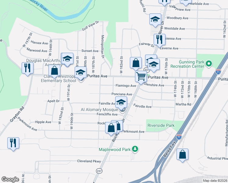 map of restaurants, bars, coffee shops, grocery stores, and more near 18233 Flamingo Avenue in Cleveland