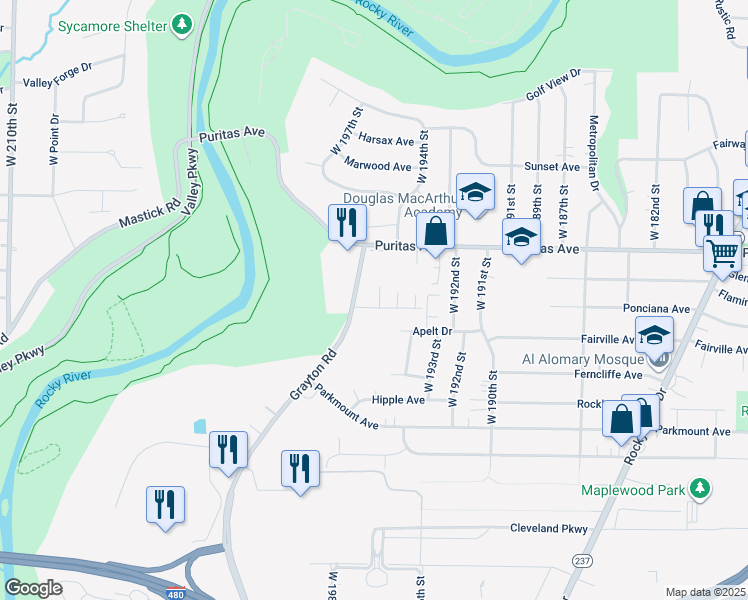 map of restaurants, bars, coffee shops, grocery stores, and more near 4523 Puritas Park Drive in Cleveland