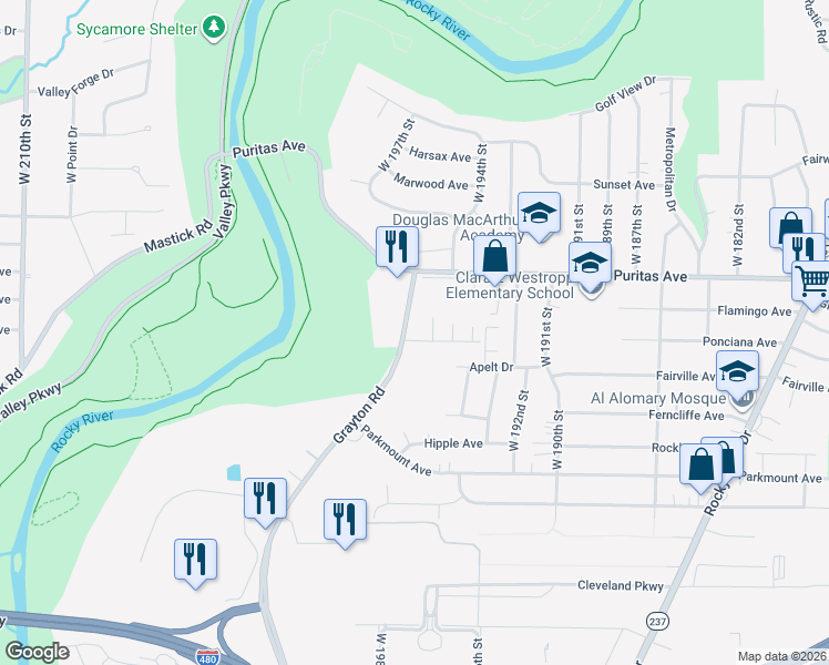 map of restaurants, bars, coffee shops, grocery stores, and more near 4519 Grayton Road in Cleveland