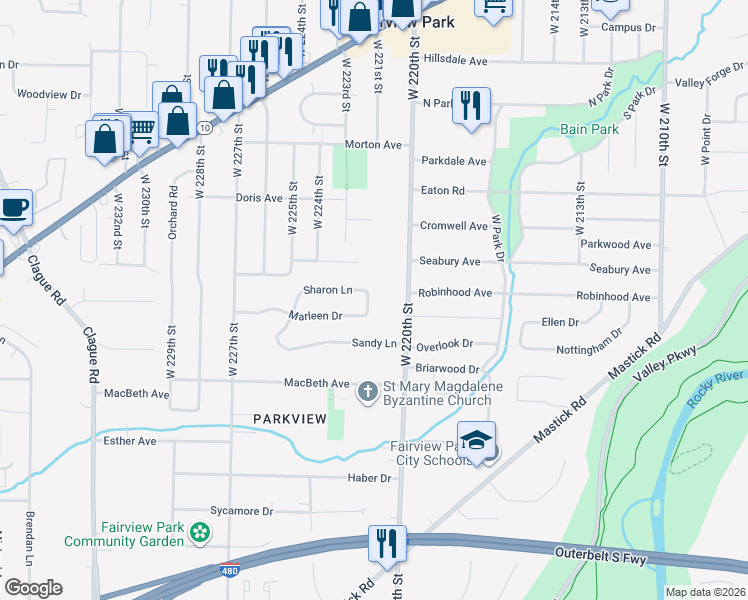 map of restaurants, bars, coffee shops, grocery stores, and more near 22140 Sharon Lane in Fairview Park
