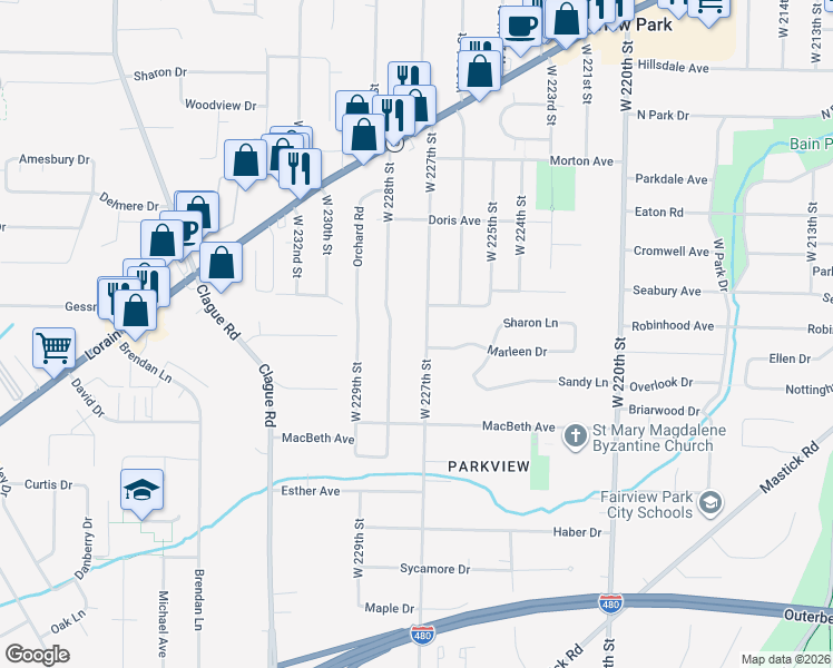 map of restaurants, bars, coffee shops, grocery stores, and more near 4759 West 227th Street in Fairview Park