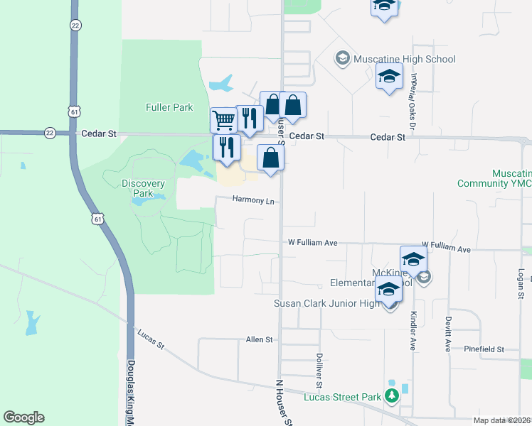 map of restaurants, bars, coffee shops, grocery stores, and more near 3106 Harmony Lane in Muscatine