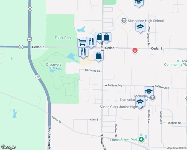 map of restaurants, bars, coffee shops, grocery stores, and more near 3110 Harmony Lane in Muscatine
