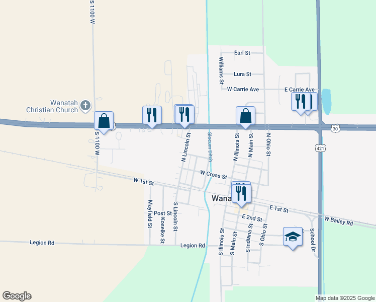 map of restaurants, bars, coffee shops, grocery stores, and more near 302 North Lincoln Street in Wanatah