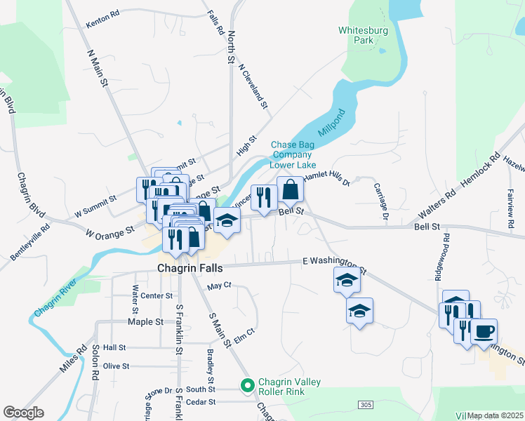 map of restaurants, bars, coffee shops, grocery stores, and more near 136 Vincent Street in Chagrin Falls