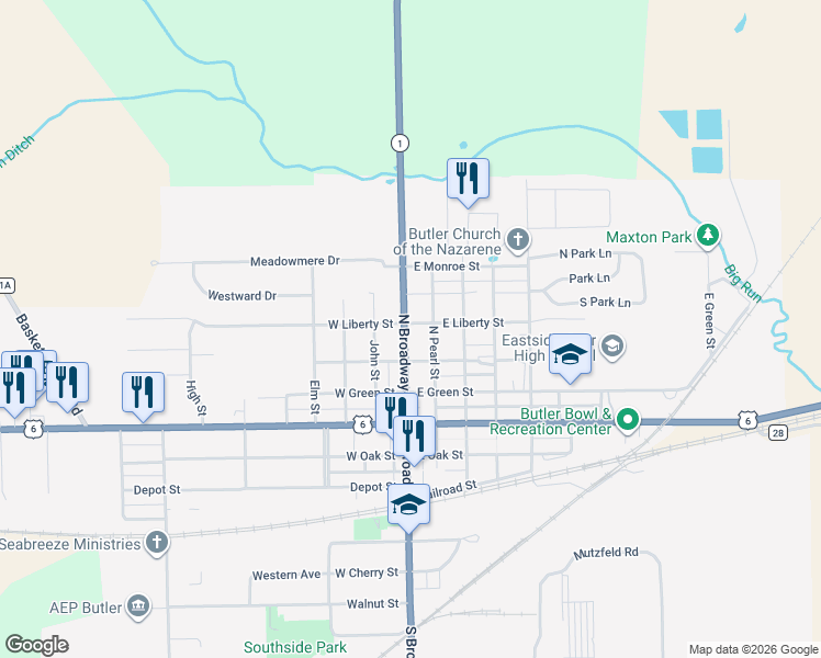 map of restaurants, bars, coffee shops, grocery stores, and more near 400-406 North Broadway Street in Butler