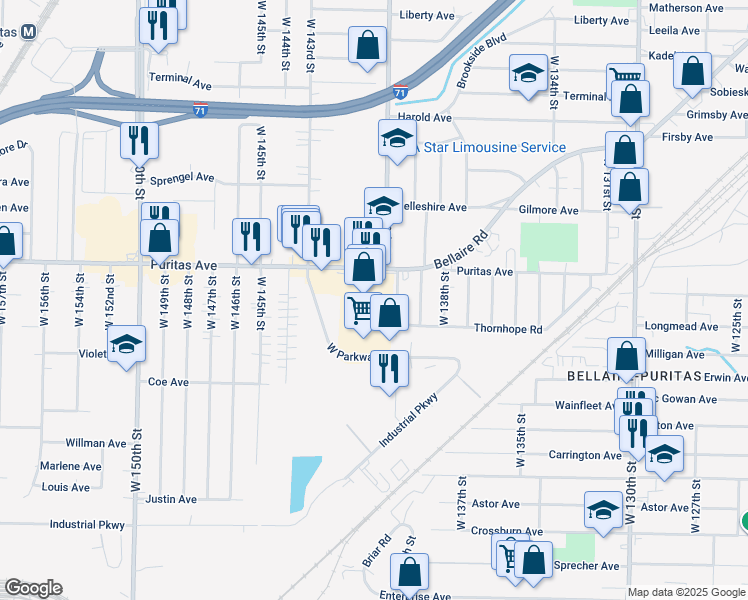 map of restaurants, bars, coffee shops, grocery stores, and more near 4464 West 140th Street in Cleveland