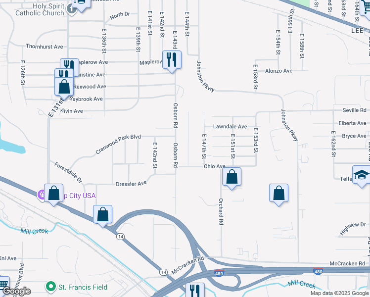 map of restaurants, bars, coffee shops, grocery stores, and more near 4694 East 144th Street in Garfield Heights