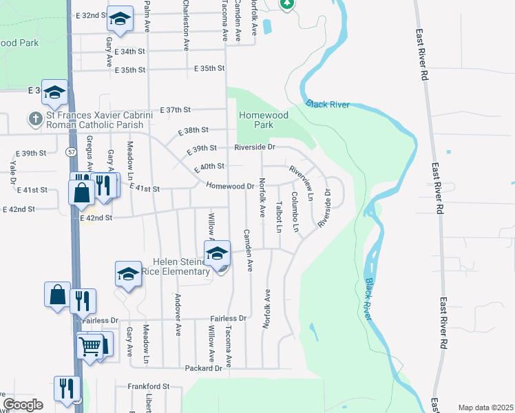 map of restaurants, bars, coffee shops, grocery stores, and more near 4109 Camden Avenue in Lorain