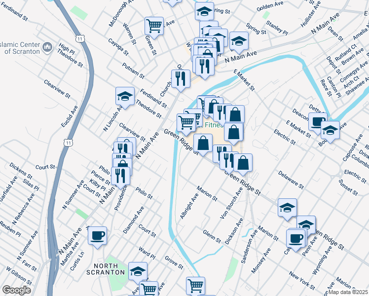 map of restaurants, bars, coffee shops, grocery stores, and more near 9-27 Green Ridge Street in Scranton