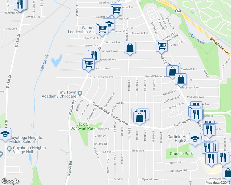 map of restaurants, bars, coffee shops, grocery stores, and more near 4646 Rockwood Road in Garfield Heights