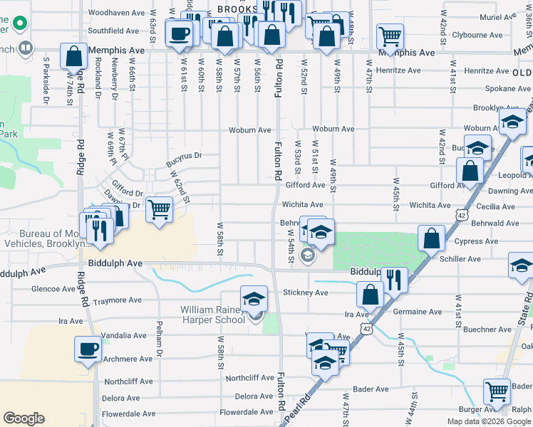 map of restaurants, bars, coffee shops, grocery stores, and more near 5417 Wichita Avenue in Cleveland