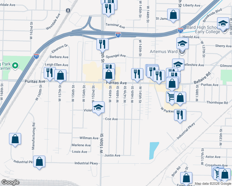 map of restaurants, bars, coffee shops, grocery stores, and more near 4468 West 148th Street in Cleveland
