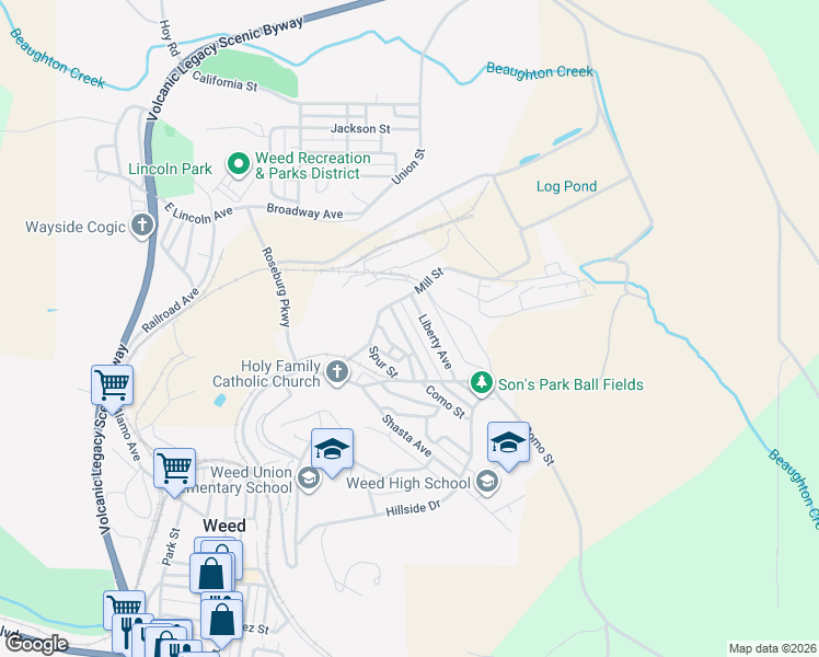 map of restaurants, bars, coffee shops, grocery stores, and more near 628 Stringtown Avenue in Weed