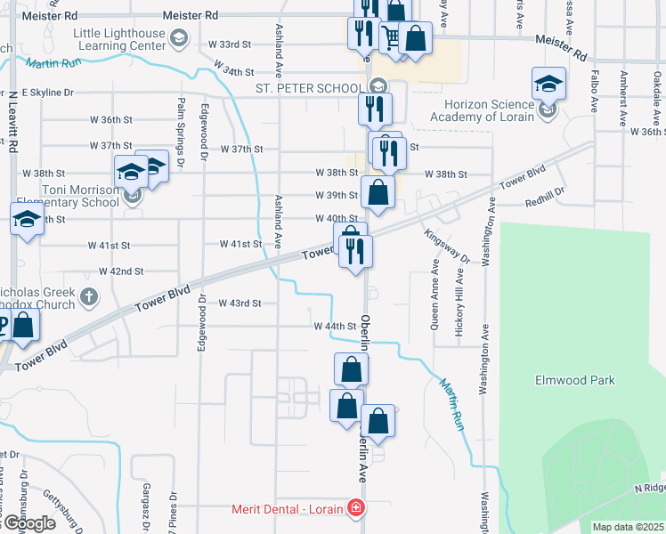 map of restaurants, bars, coffee shops, grocery stores, and more near 1211 Tower Boulevard in Lorain