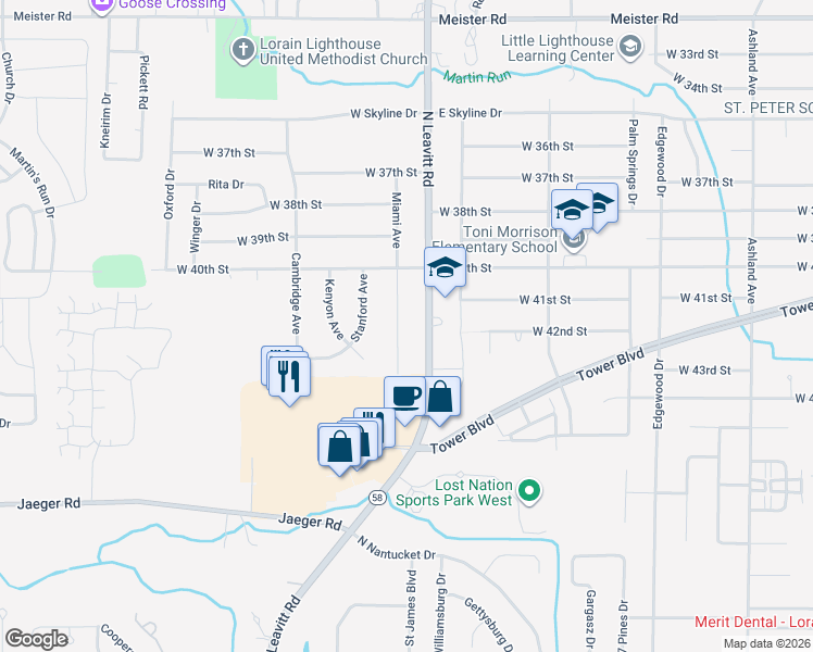 map of restaurants, bars, coffee shops, grocery stores, and more near 4112 North Leavitt Road in Lorain