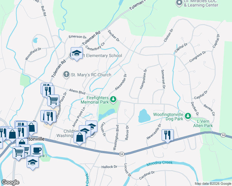 map of restaurants, bars, coffee shops, grocery stores, and more near 13 Alexander Drive in Washingtonville