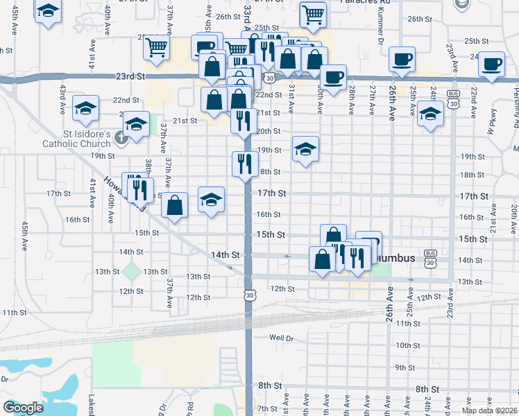 map of restaurants, bars, coffee shops, grocery stores, and more near 1655-1699 Lincoln Hwy in Columbus