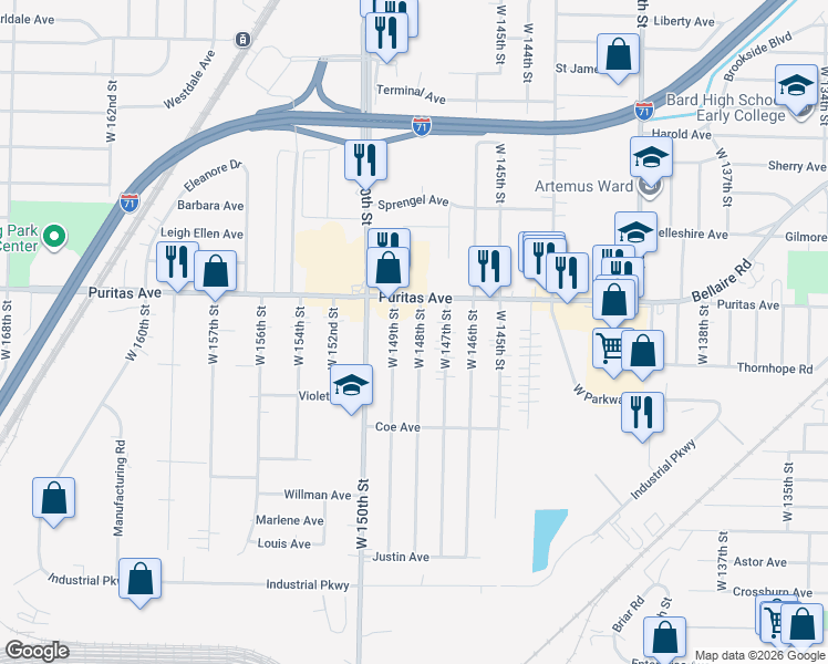 map of restaurants, bars, coffee shops, grocery stores, and more near 4468 West 148th Street in Cleveland
