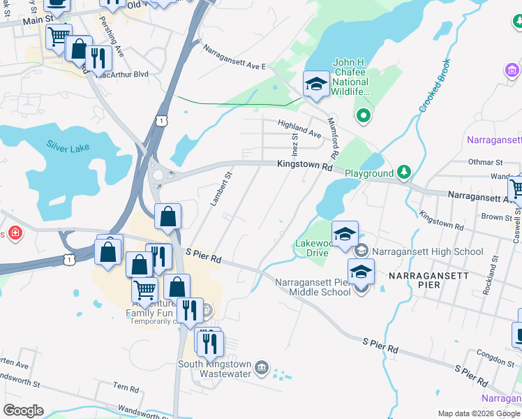 map of restaurants, bars, coffee shops, grocery stores, and more near 57 Avice Street in Narragansett
