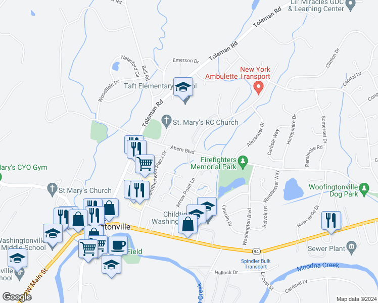 map of restaurants, bars, coffee shops, grocery stores, and more near Emily Akers Drive in Washingtonville